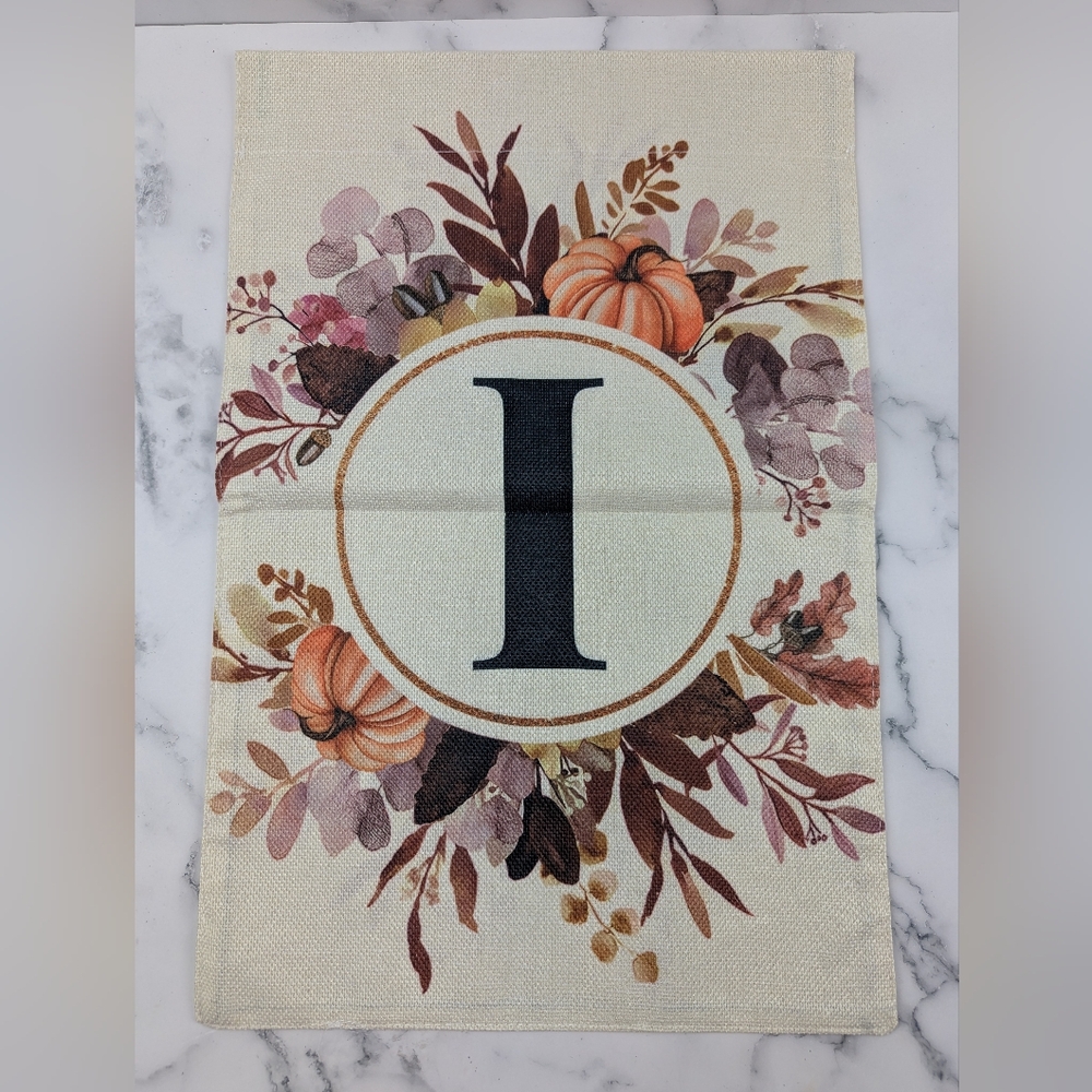 Fall Monogram Letter I Garden Flag 12x18 Double Sided Burlap Pumpkin
